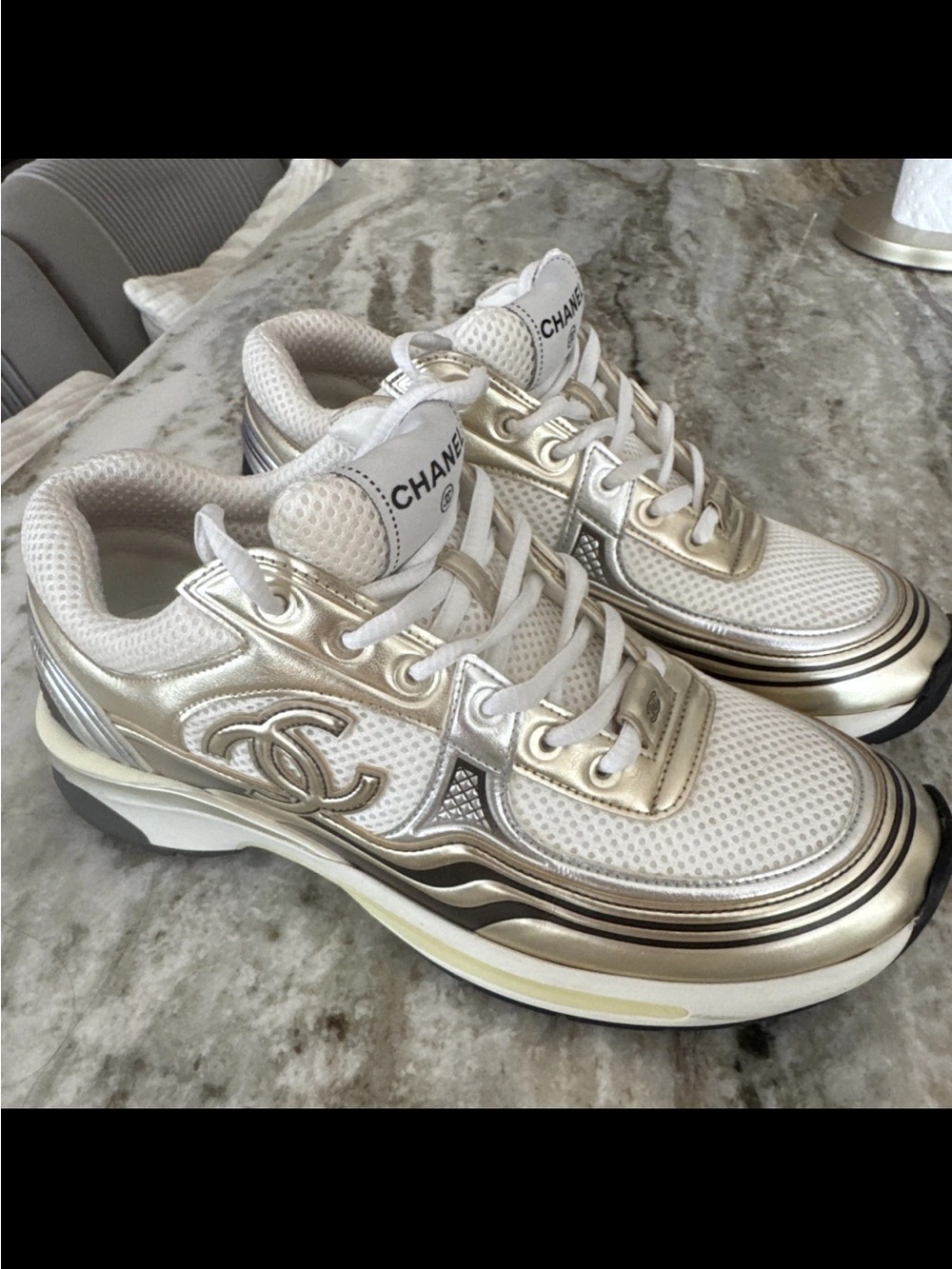 Chanel White & Gold Mesh Runner Sneakers